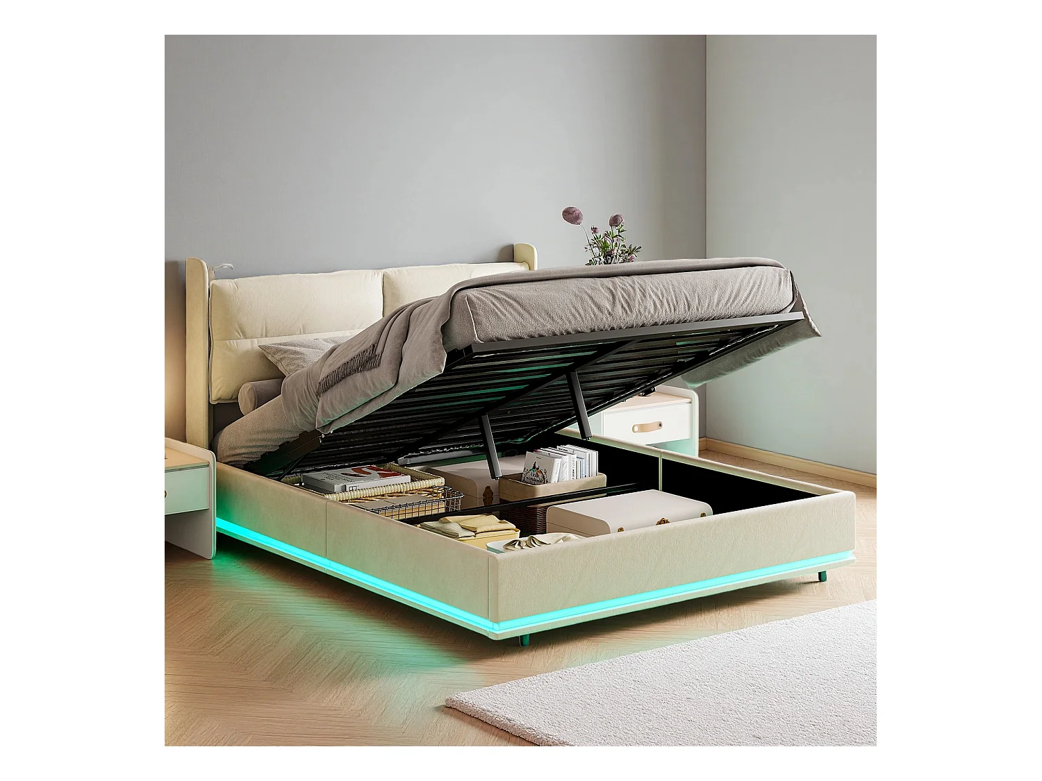 Lit 160x200 cm avec sommier à lattes - NEXU - LED - Chargement sans fil - lit adulte 160x200 cm tissu en Velours - cadre de lit coffre 160x200 cm - blanc cassé