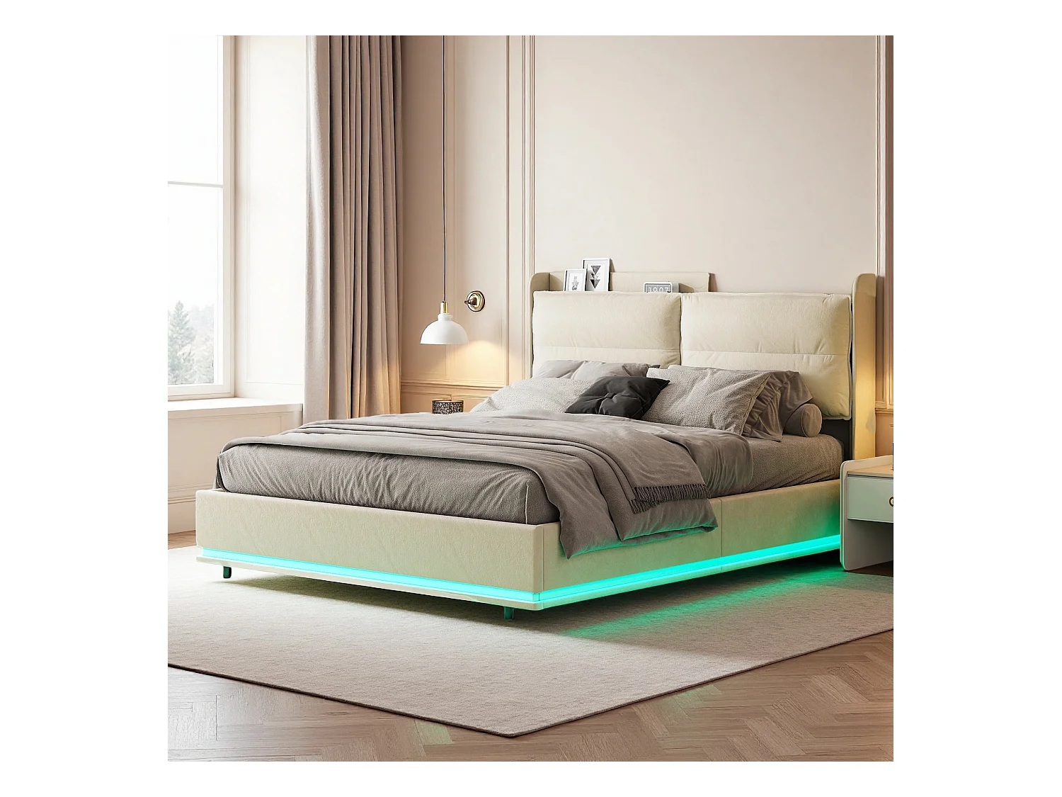 Lit 160x200 cm avec sommier à lattes - NEXU - LED - Chargement sans fil - lit adulte 160x200 cm tissu en Velours - cadre de lit coffre 160x200 cm - blanc cassé