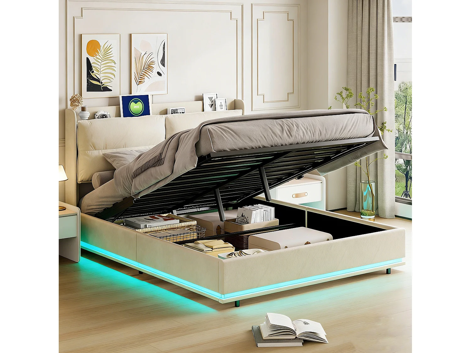 Lit 160x200 cm avec sommier à lattes - NEXU - LED - Chargement sans fil - lit adulte 160x200 cm tissu en Velours - cadre de lit coffre 160x200 cm - blanc cassé