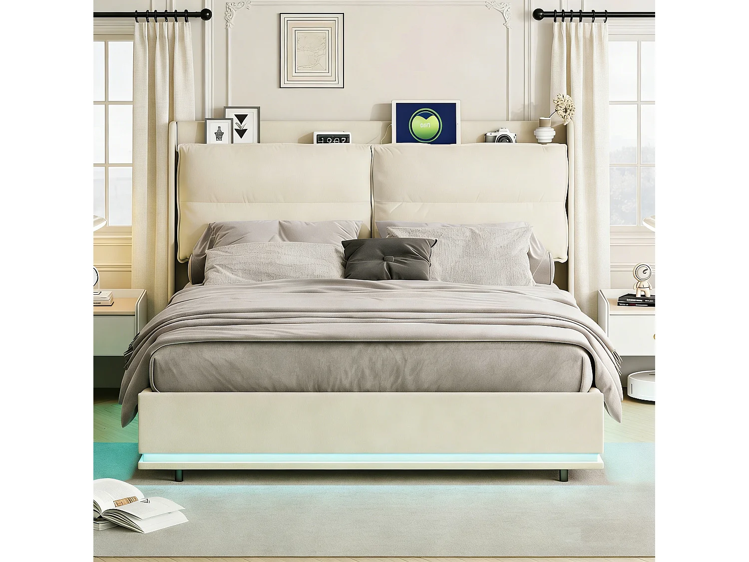 Lit 160x200 cm avec sommier à lattes - NEXU - LED - Chargement sans fil - lit adulte 160x200 cm tissu en Velours - cadre de lit coffre 160x200 cm - blanc cassé