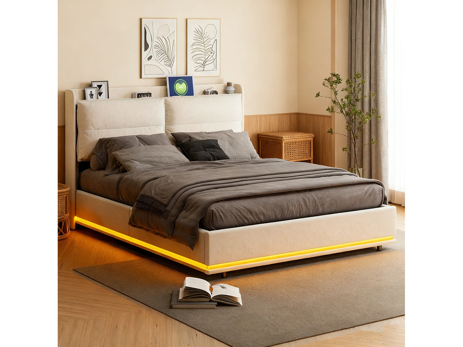 Lit 160x200 cm avec sommier à lattes - NEXU - LED - Chargement sans fil - lit adulte 160x200 cm tissu en Velours - cadre de lit coffre 160x200 cm - blanc cassé