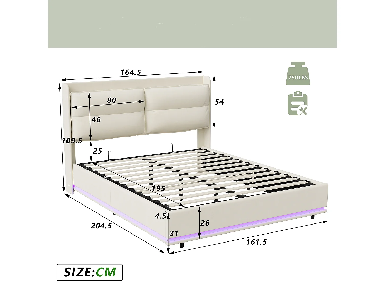 Lit 160x200 cm avec sommier à lattes - NEXU - LED - Chargement sans fil - lit adulte 160x200 cm tissu en Velours - cadre de lit coffre 160x200 cm - blanc cassé
