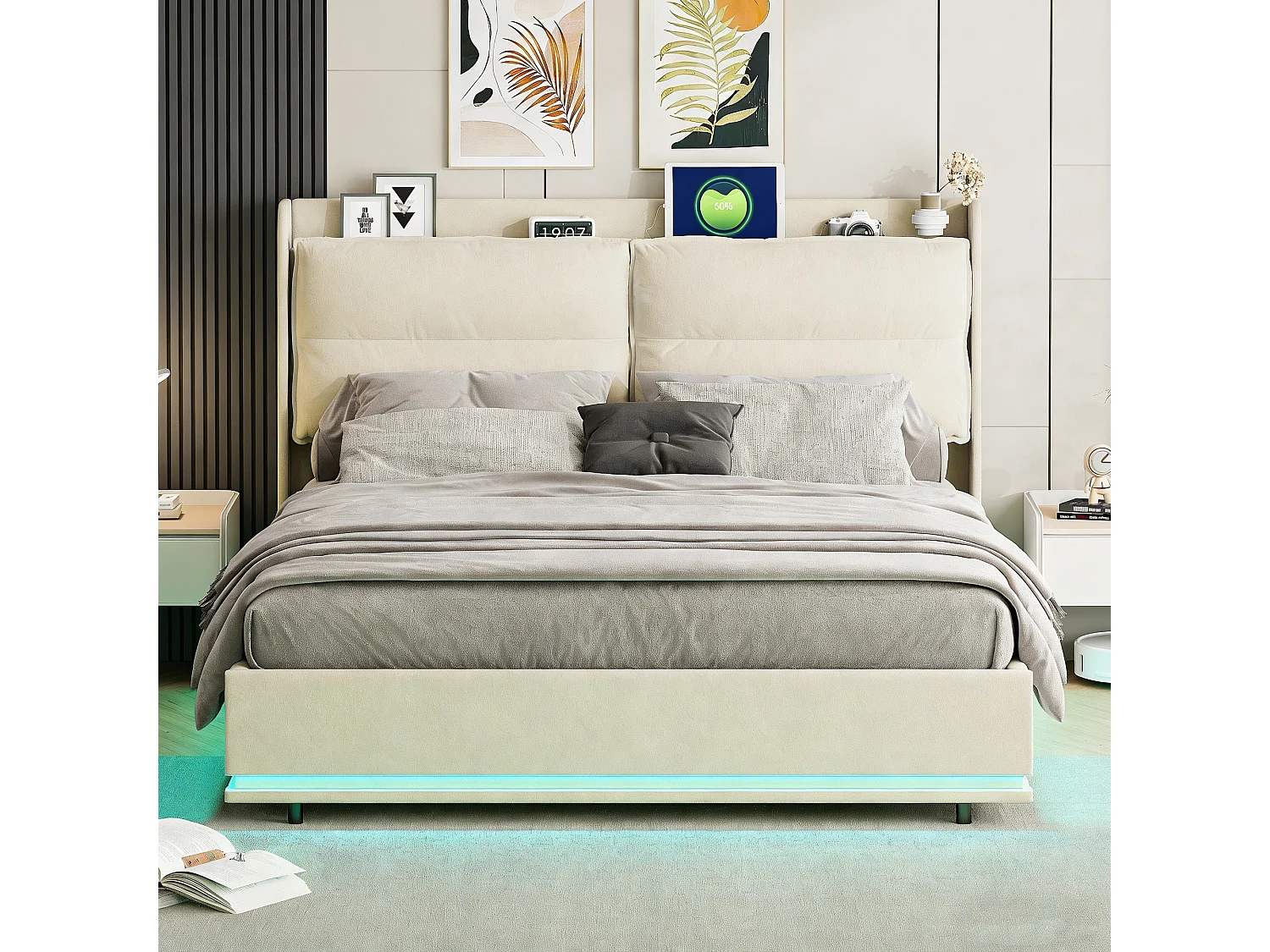 Lit 160x200 cm avec sommier à lattes - NEXU - LED - Chargement sans fil - lit adulte 160x200 cm tissu en Velours - cadre de lit coffre 160x200 cm - blanc cassé