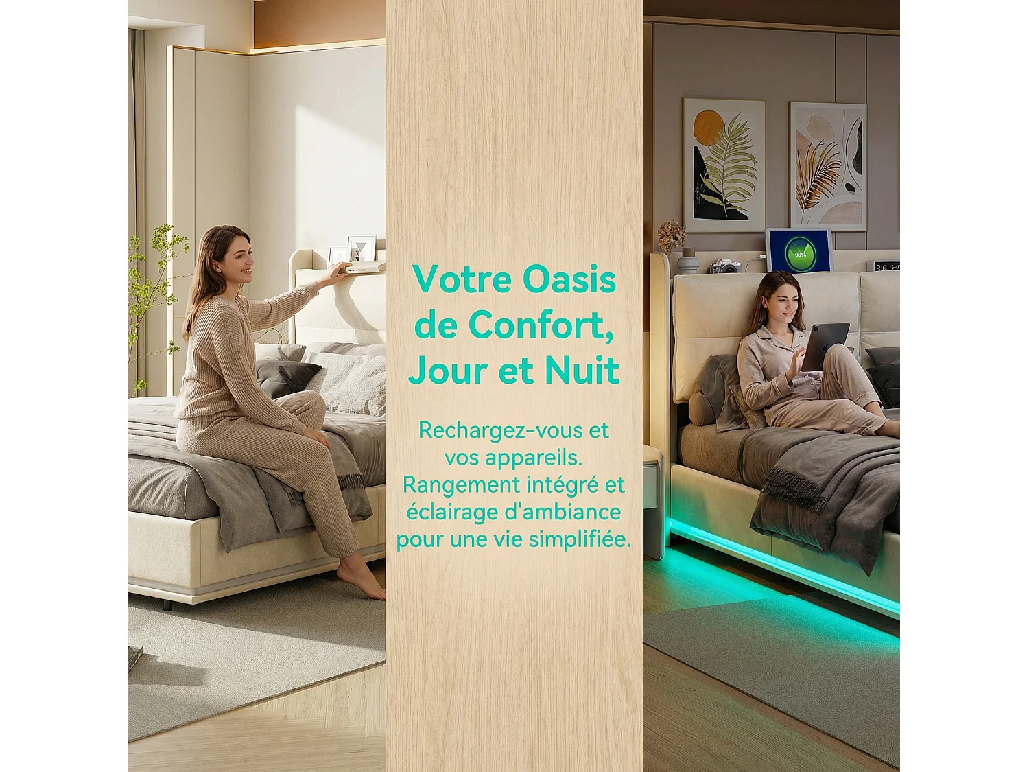 Lit coffre 160 x 200 cm avec sommier à lattes – Éclairage LED et recharge sans fil intégrée – Velours blanc cassé – NEXU