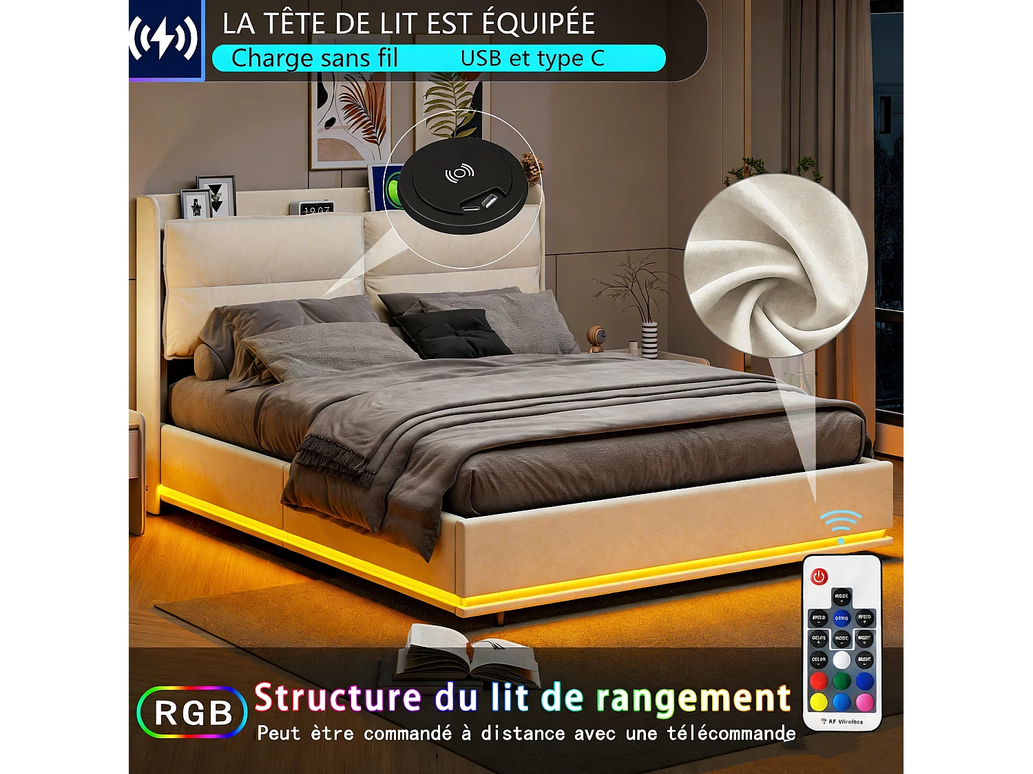 Lit coffre 160 x 200 cm avec sommier à lattes – Éclairage LED et recharge sans fil intégrée – Velours blanc cassé – NEXU