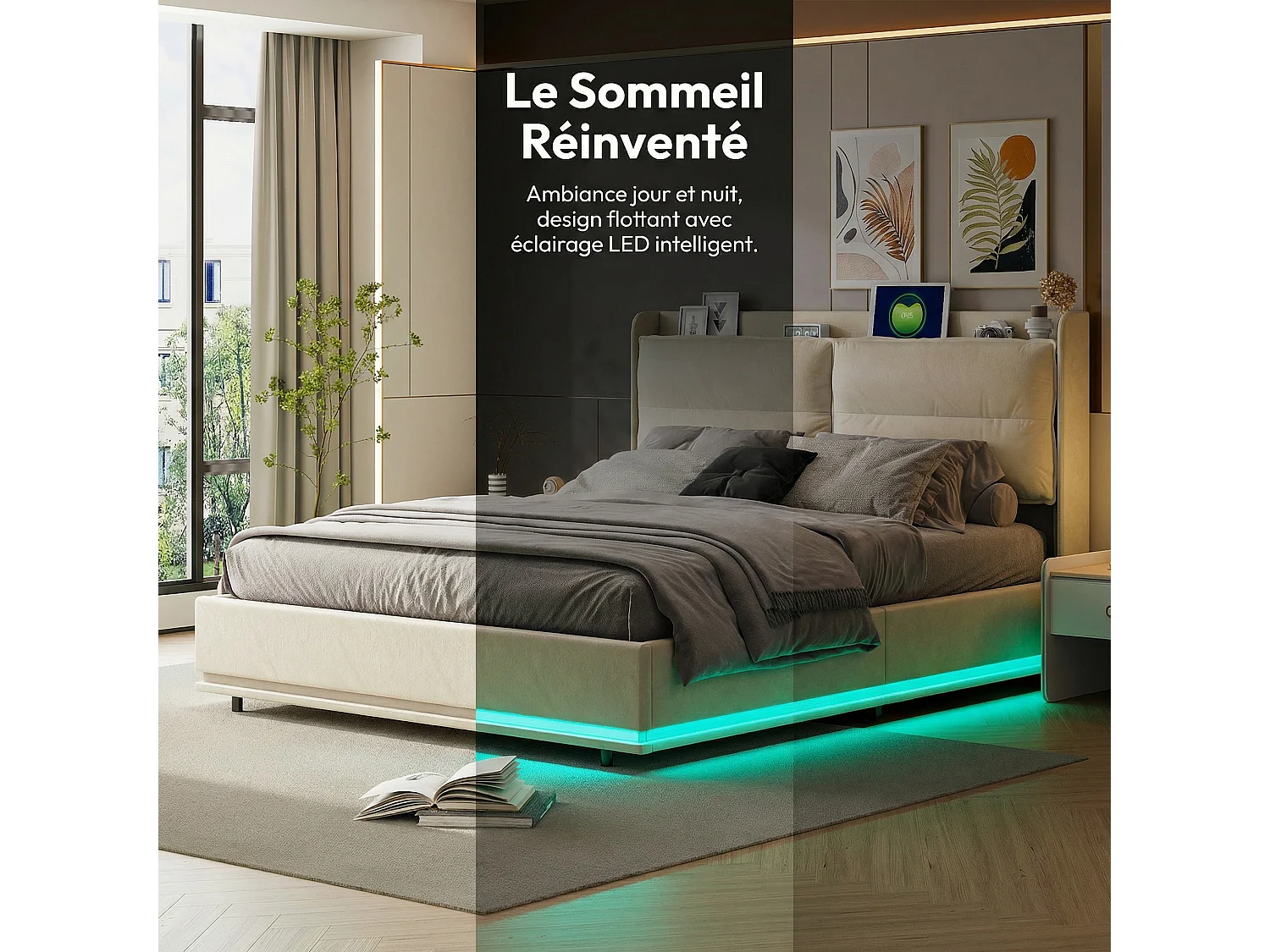 Lit coffre 160 x 200 cm avec sommier à lattes – Éclairage LED et recharge sans fil intégrée – Velours blanc cassé – NEXU
