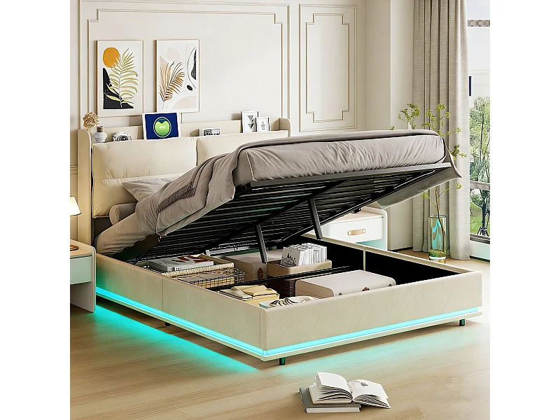 Lit 160x200 cm avec sommier à lattes - NEXU - LED - Chargement sans fil - lit adulte 160x200 cm tissu en Velours - cadre de lit coffre 160x200 cm - blanc cassé