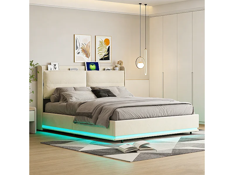 Lit 160x200 cm avec sommier à lattes - NEXU - LED - Chargement sans fil - lit adulte 160x200 cm tissu en Velours - cadre de lit coffre 160x200 cm - blanc cassé