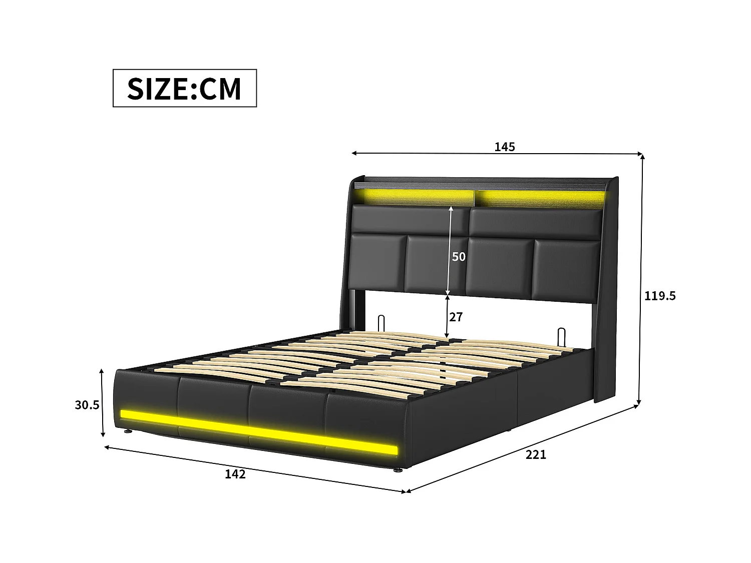Lit 140x200 cm - NEXU - lit coffre 140x200 cm avec LED - lit double 140x200 cm avec sommier à lattes - tissu en PU - noir
