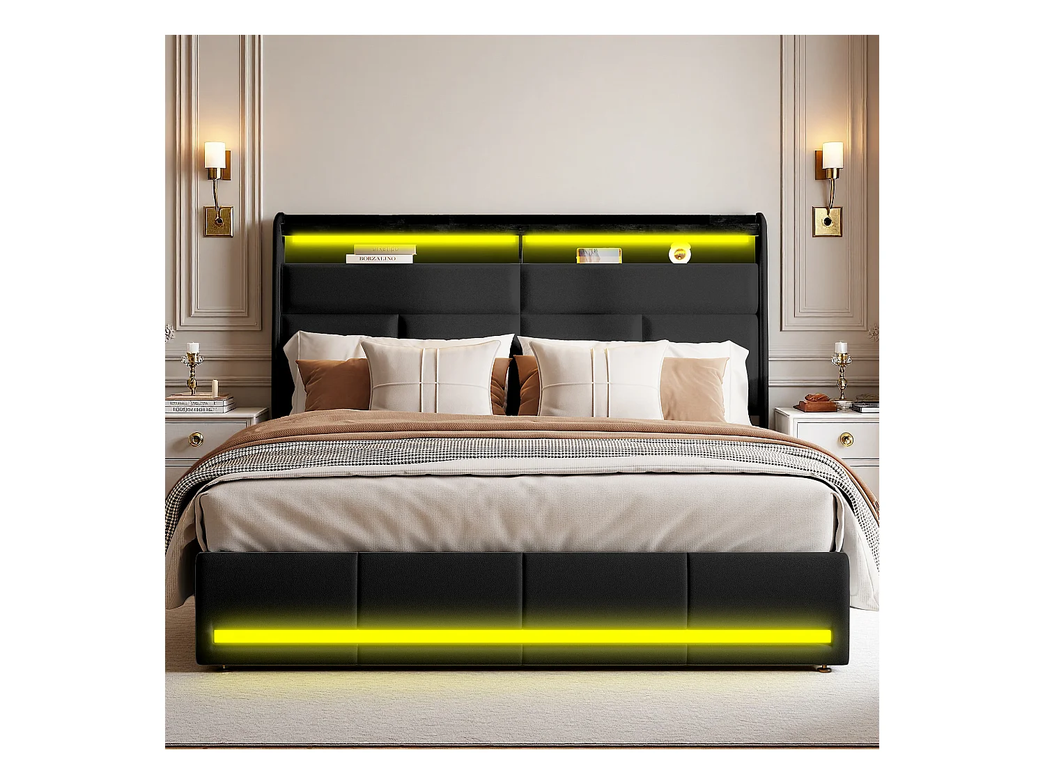 Lit 140x200 cm - NEXU - lit coffre 140x200 cm avec LED - lit double 140x200 cm avec sommier à lattes - tissu en PU - noir