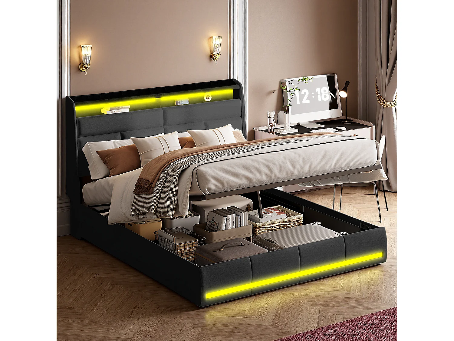 Lit 140x200 cm - NEXU - lit coffre 140x200 cm avec LED - lit double 140x200 cm avec sommier à lattes - tissu en PU - noir