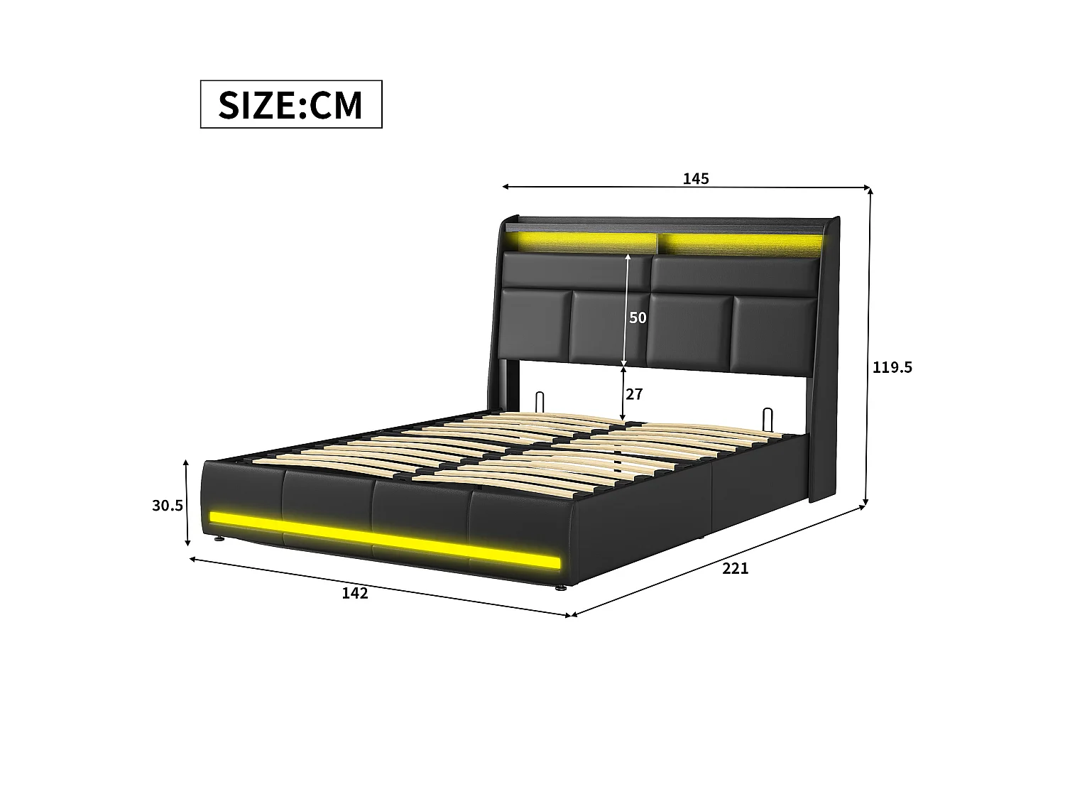 Lit coffre 140 x 200 cm avec sommier à lattes – Système LED et revêtement en PU noir – NEXU