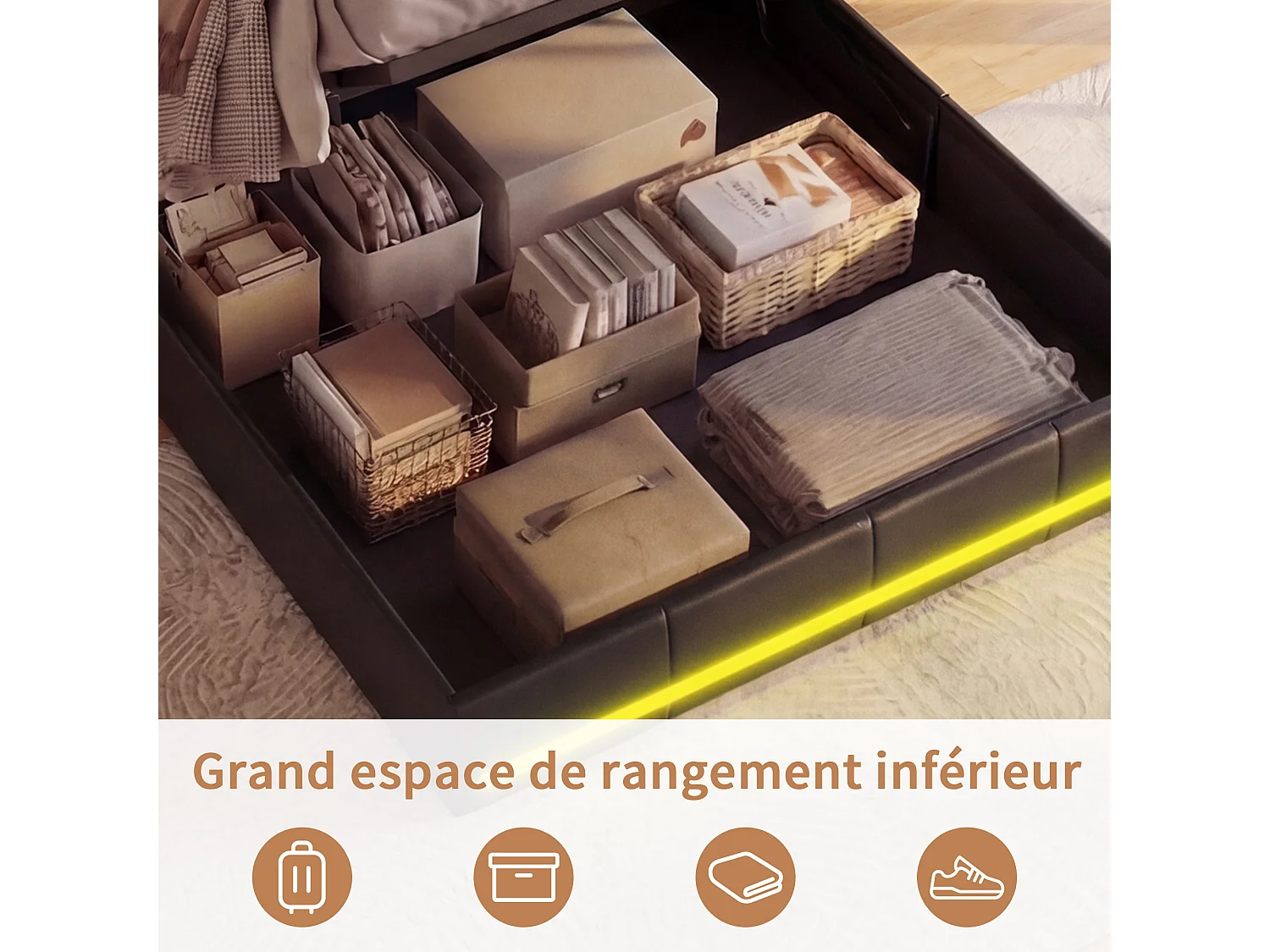 Lit coffre 140 x 200 cm avec sommier à lattes – Système LED et revêtement en PU noir – NEXU
