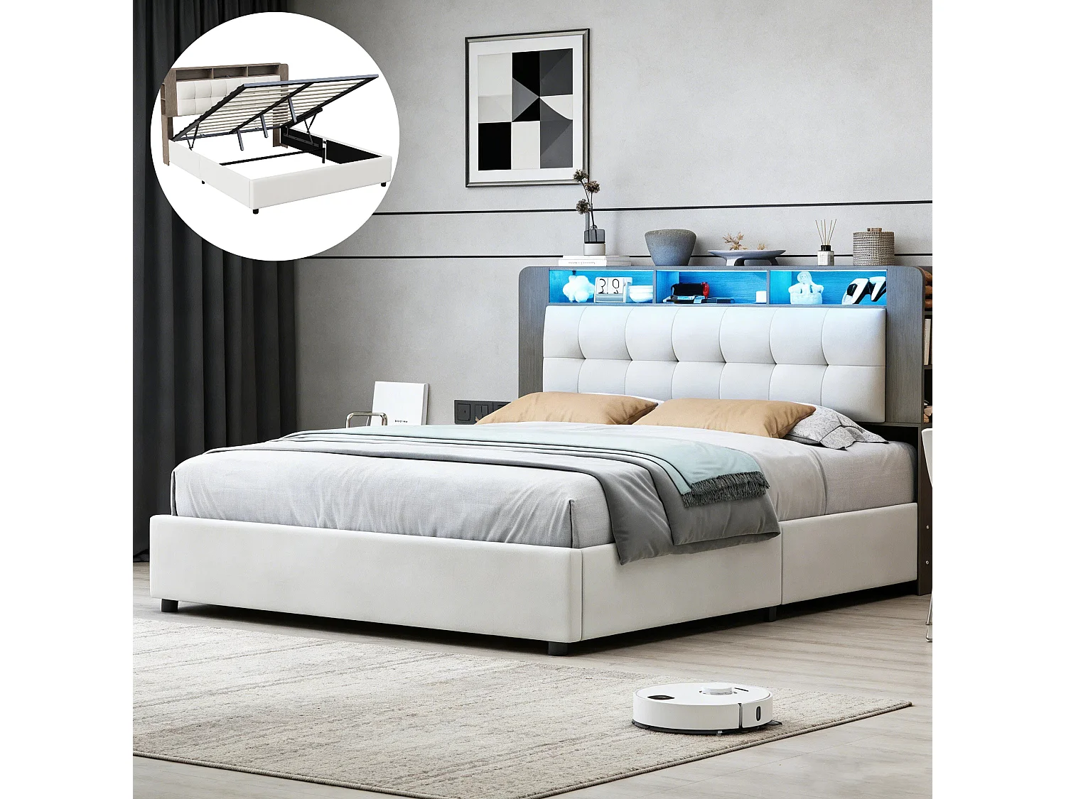 Lit coffre 160x200 cm avec sommier à latte - rembourré - Led et Chargement sans fil - tissu en velours - blanc cassé