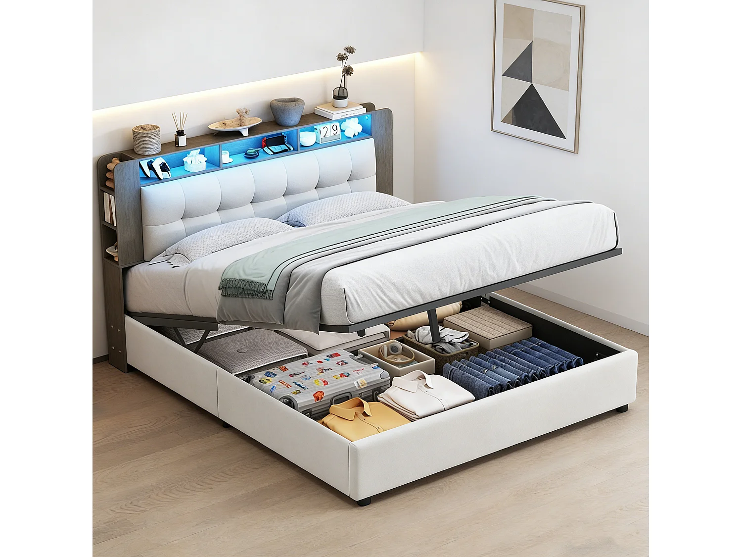 Lit coffre 160x200 cm avec sommier à latte - rembourré - Led et Chargement sans fil - tissu en velours - blanc cassé