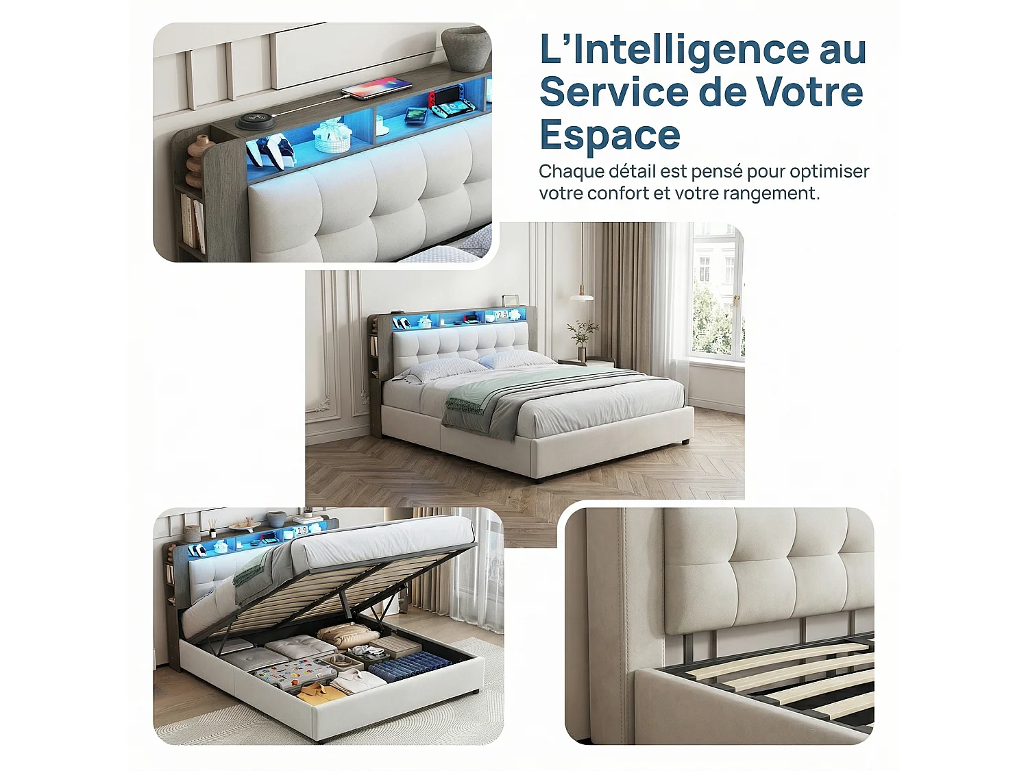 Lit coffre capitonné 160 x 200 cm avec sommier à lattes – Tête de lit avec éclairage LED et recharge sans fil intégrée – Velours blanc cassé