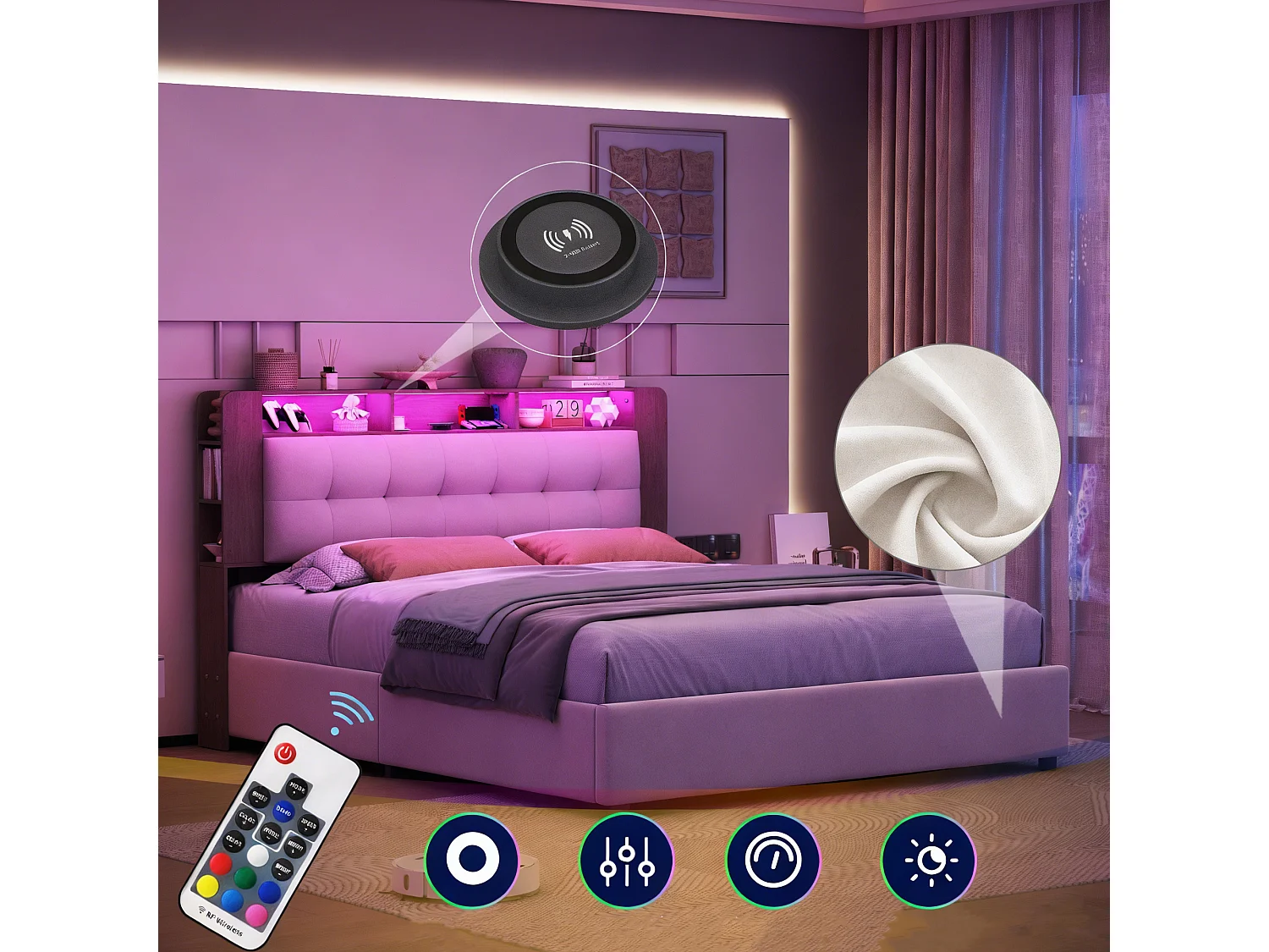 Lit coffre capitonné 160 x 200 cm avec sommier à lattes – Tête de lit avec éclairage LED et recharge sans fil intégrée – Velours blanc cassé