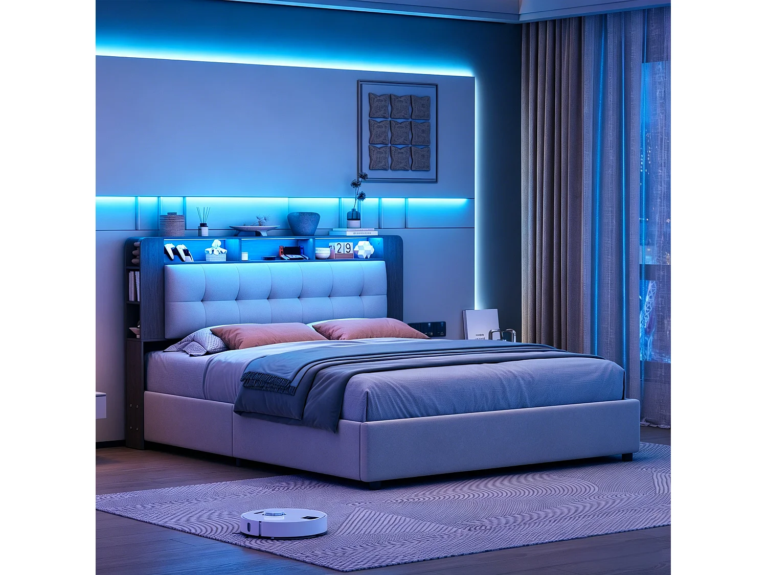 Lit coffre capitonné 160 x 200 cm avec sommier à lattes – Tête de lit avec éclairage LED et recharge sans fil intégrée – Velours blanc cassé