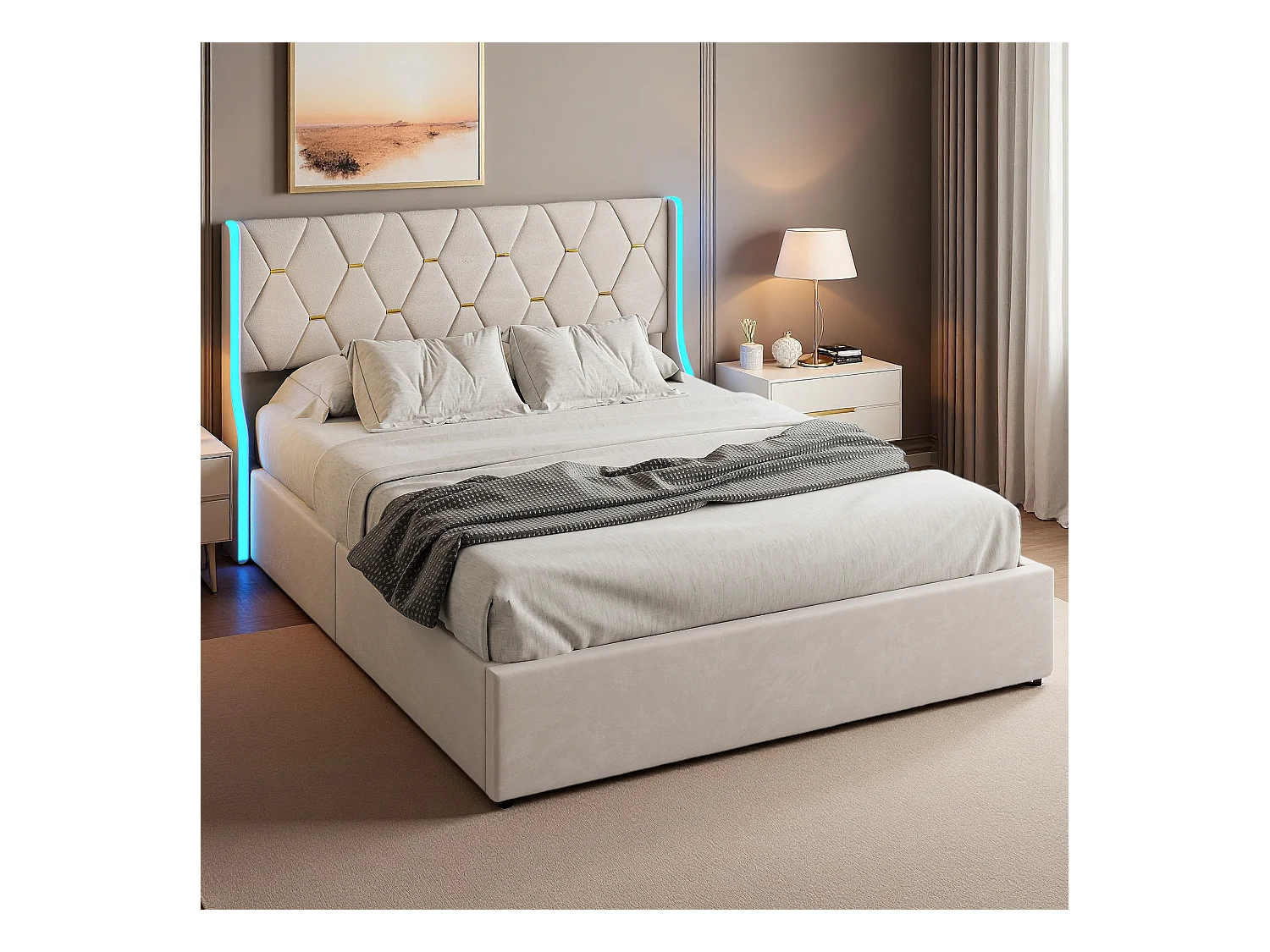 Lit 140x200 cm - NEXU - lit adulte 140x200 cm avec LED et USB - tissu en velours - cadre de lit coffre 140x200 cm avec sommier à lattes - beige