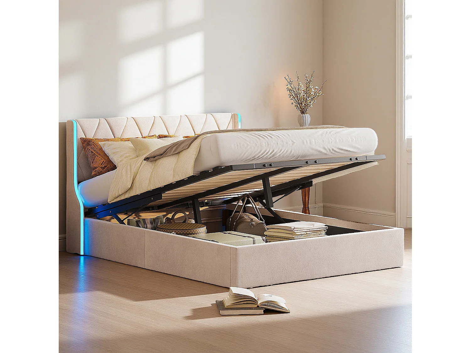 Lit 140x200 cm - NEXU - lit adulte 140x200 cm avec LED et USB - tissu en velours - cadre de lit coffre 140x200 cm avec sommier à lattes - beige