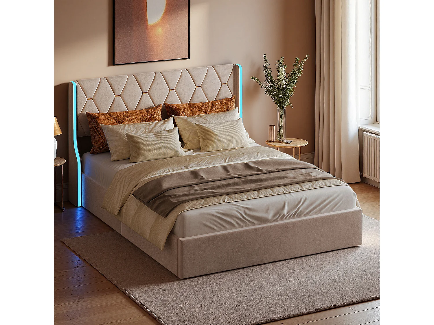 Lit 140x200 cm - NEXU - lit adulte 140x200 cm avec LED et USB - tissu en velours - cadre de lit coffre 140x200 cm avec sommier à lattes - beige