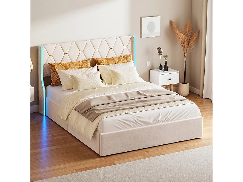 Lit 140x200 cm - NEXU - lit adulte 140x200 cm avec LED et USB - tissu en velours - cadre de lit coffre 140x200 cm avec sommier à lattes - beige