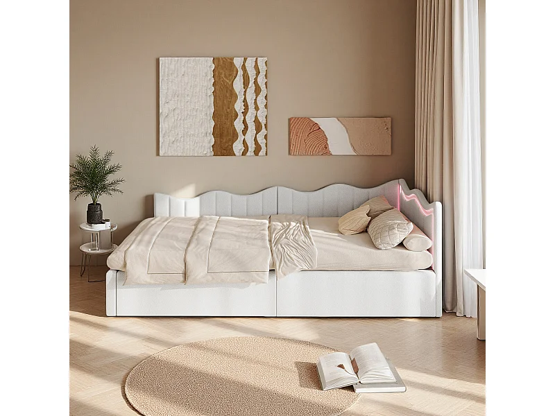 Lit simple 90x200 cm -  NEXU - lit enfant 90x200 cm avec LED  - lit coffre 90x200 cm avec sommier à lattes - tissu en velours - blanc