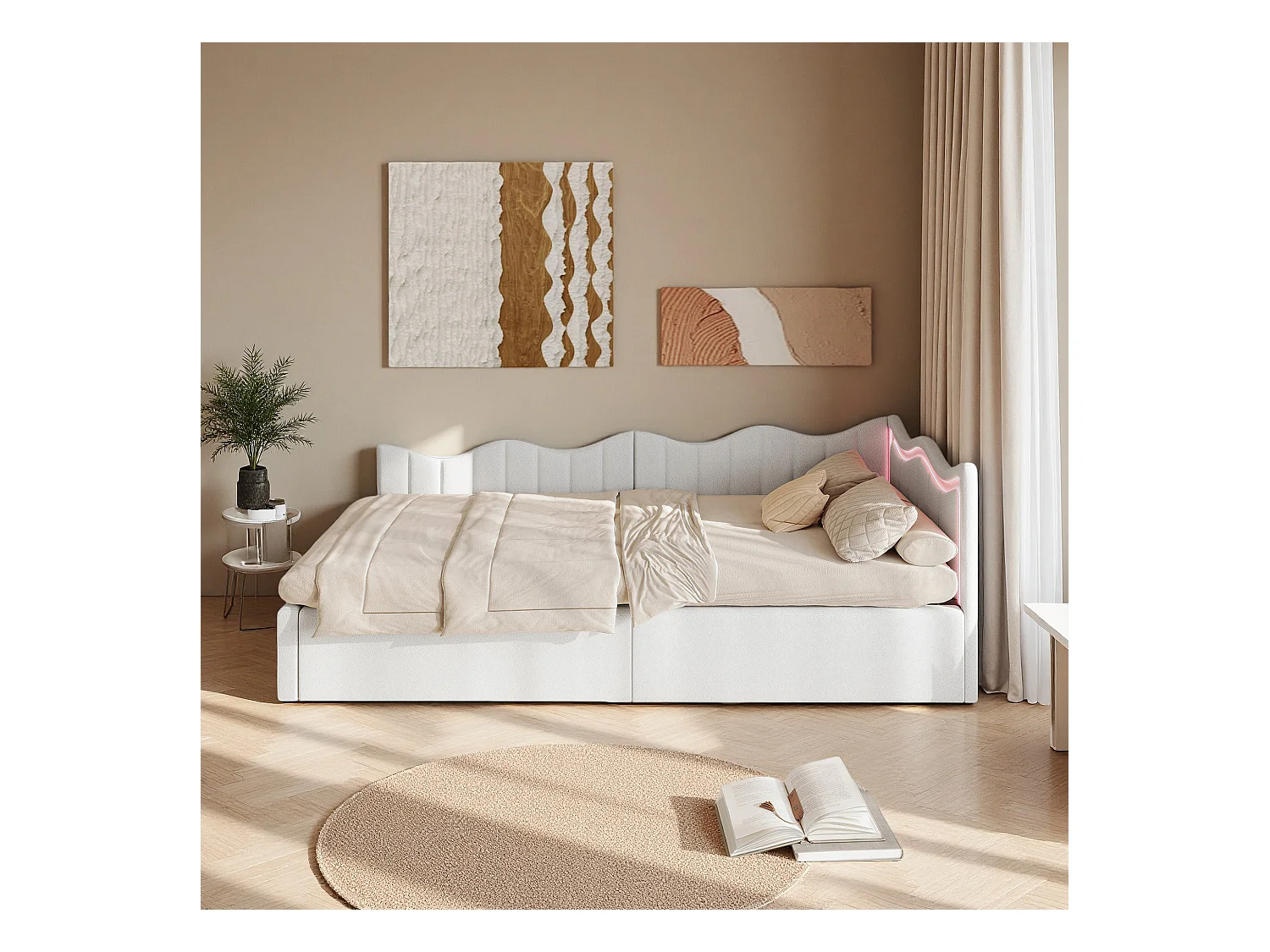 Lit simple 90x200 cm -  NEXU - lit enfant 90x200 cm avec LED  - lit coffre 90x200 cm avec sommier à lattes - tissu en velours - blanc