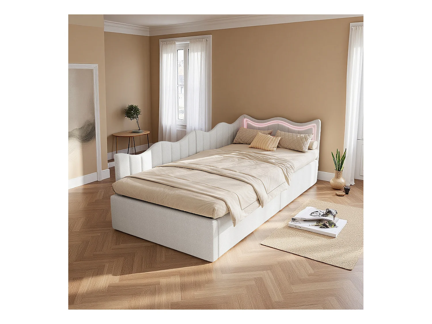 Lit simple 90x200 cm -  NEXU - lit enfant 90x200 cm avec LED  - lit coffre 90x200 cm avec sommier à lattes - tissu en velours - blanc