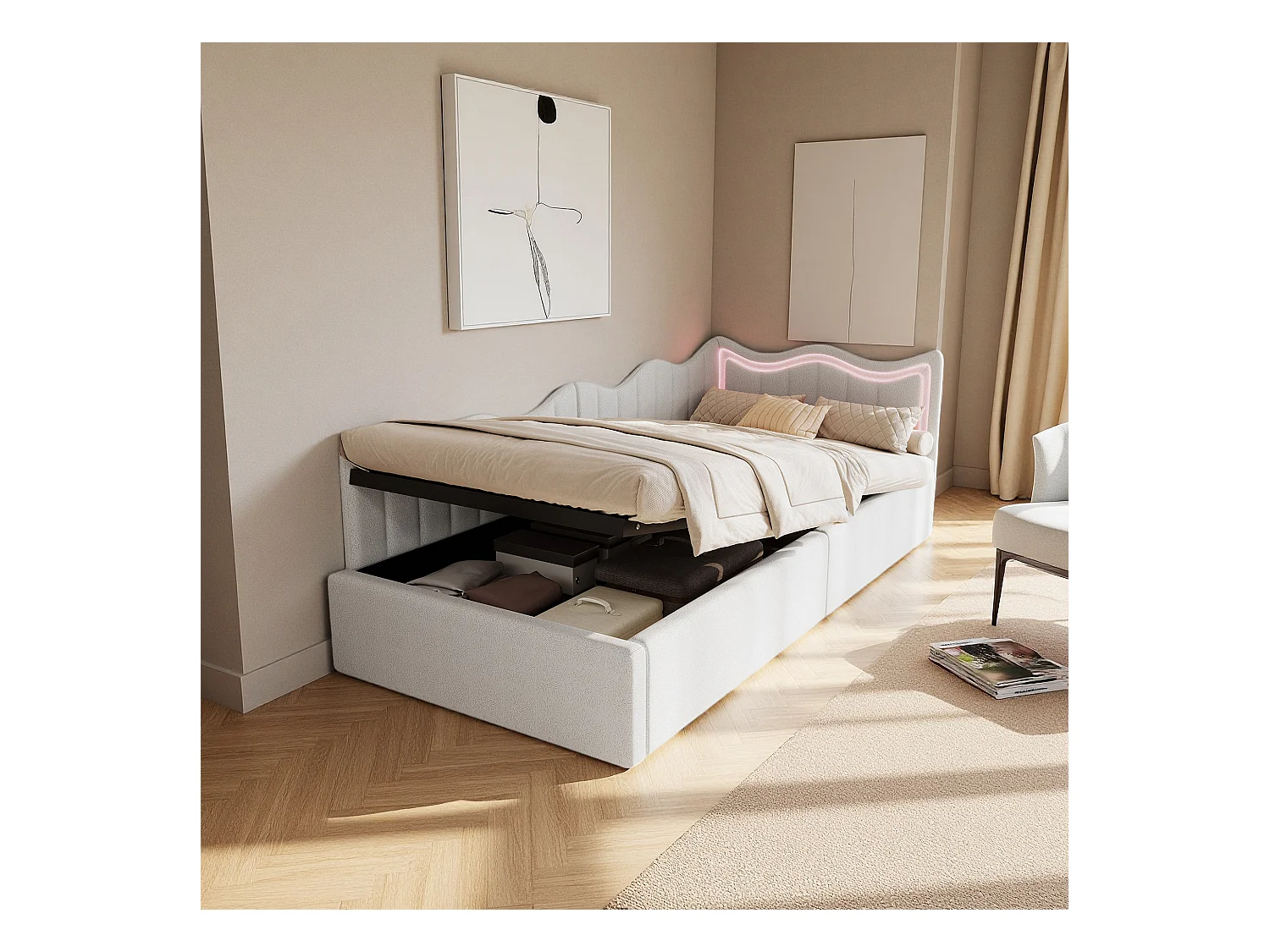 Lit simple 90x200 cm -  NEXU - lit enfant 90x200 cm avec LED  - lit coffre 90x200 cm avec sommier à lattes - tissu en velours - blanc