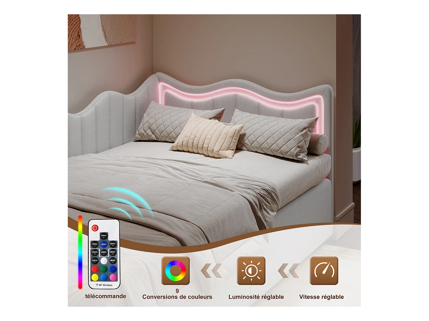 Lit simple 90x200 cm -  NEXU - lit enfant 90x200 cm avec LED  - lit coffre 90x200 cm avec sommier à lattes - tissu en velours - blanc