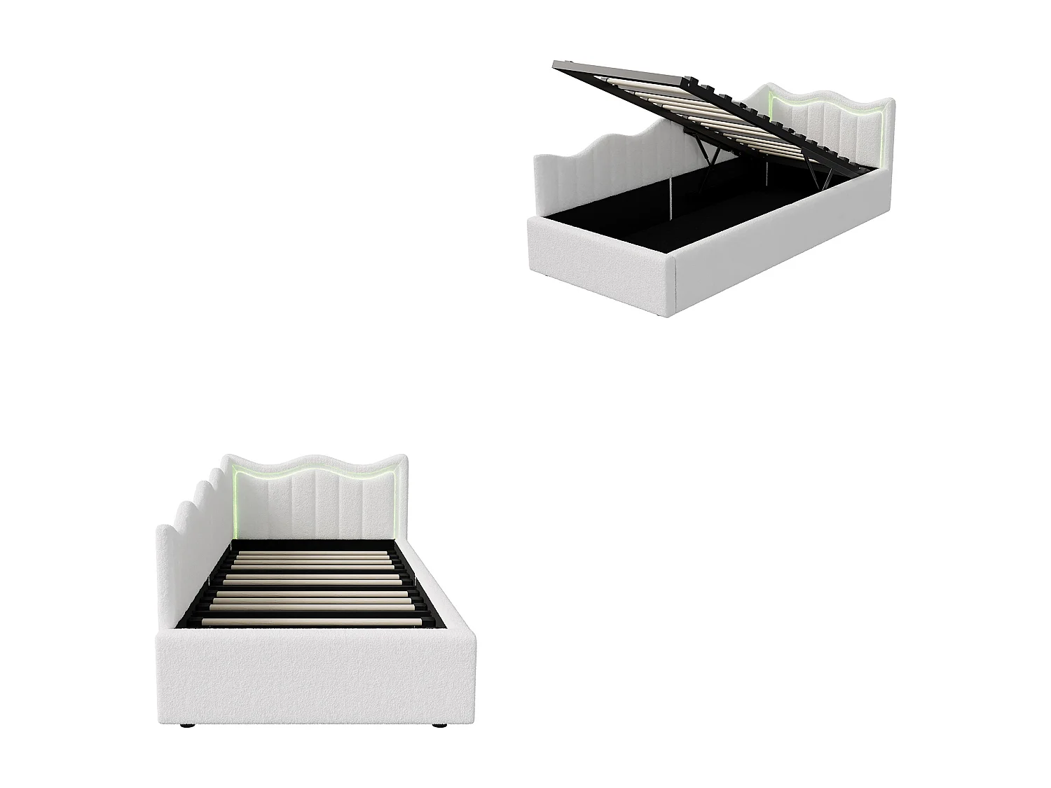 Lit simple 90x200 cm -  NEXU - lit enfant 90x200 cm avec LED  - lit coffre 90x200 cm avec sommier à lattes - tissu en velours - blanc