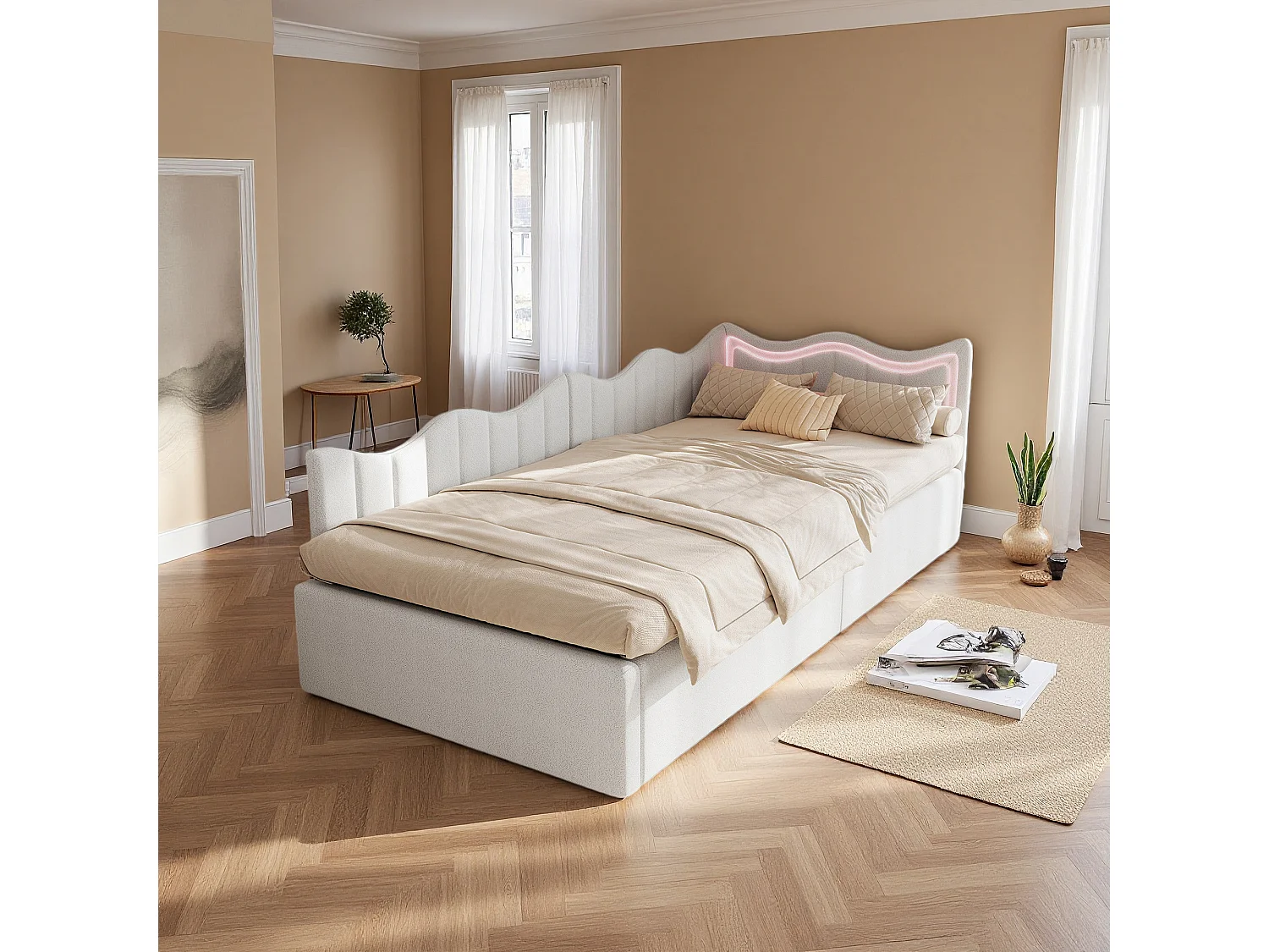 Lit coffre enfant 90x200 cm avec LED et sommier à lattes, lit 1 place en velours blanc