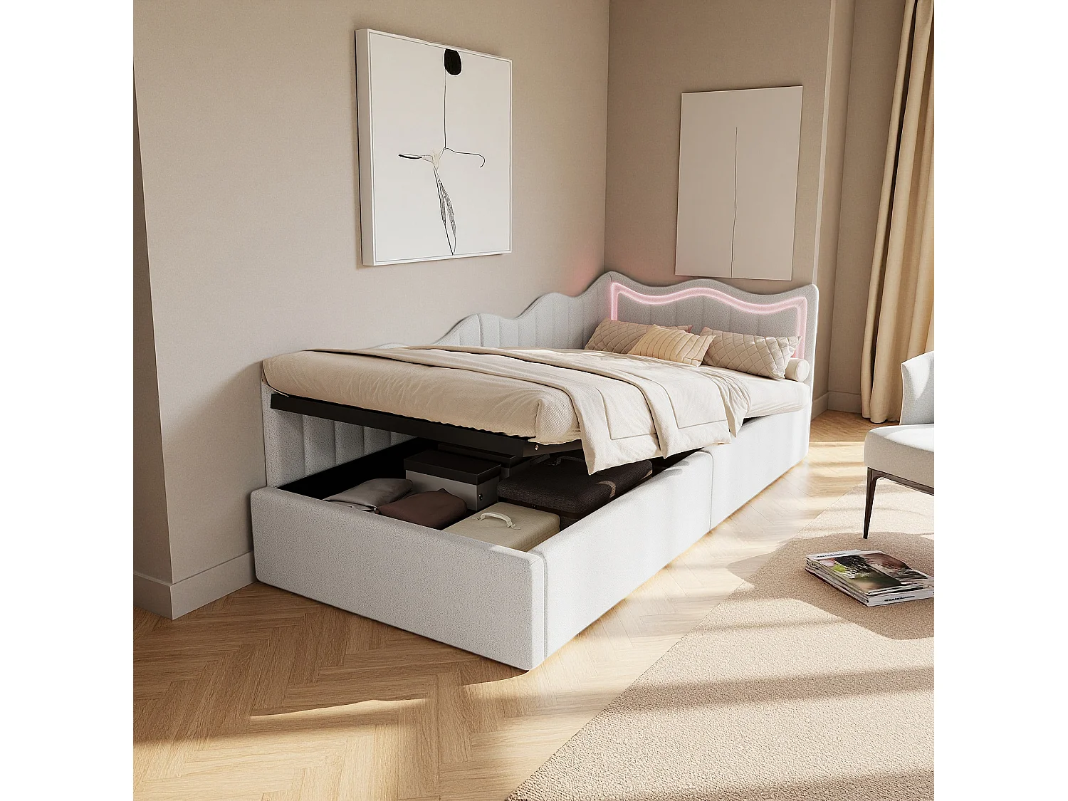Lit coffre enfant 90x200 cm avec LED et sommier à lattes, lit 1 place en velours blanc