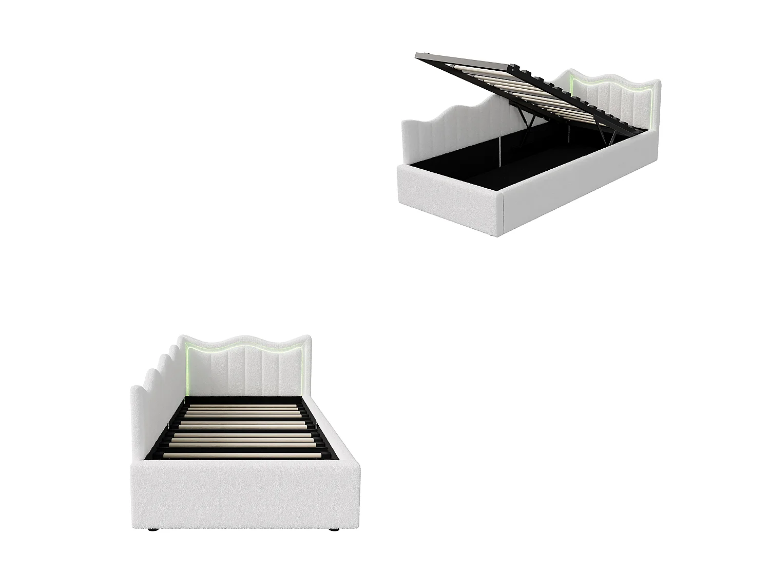 Lit coffre enfant 90x200 cm avec LED et sommier à lattes, lit 1 place en velours blanc