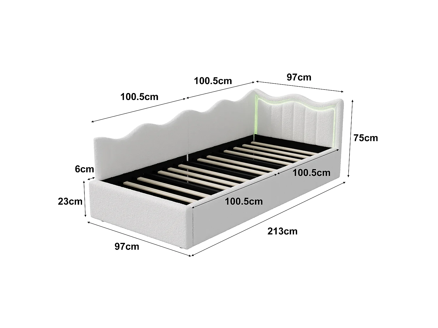 Lit coffre enfant 90x200 cm avec LED et sommier à lattes, lit 1 place en velours blanc