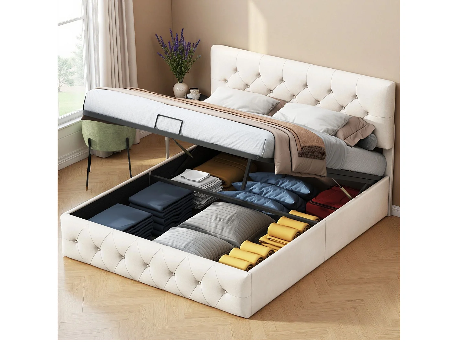 Lit 140x200 cm avec sommier à lattes - NEXU - lit adulte 140x200 cm - LED - tissu en velours - cadre de lit coffre 140x200 cm - beige