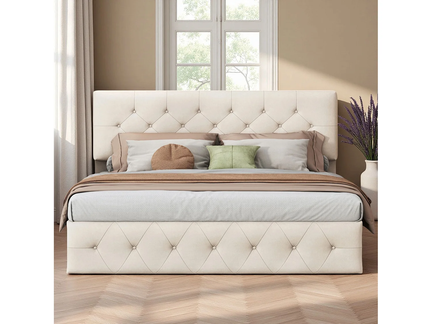 Lit coffre 140x200 cm avec sommier à lattes et LED, lit adulte en velours beige
