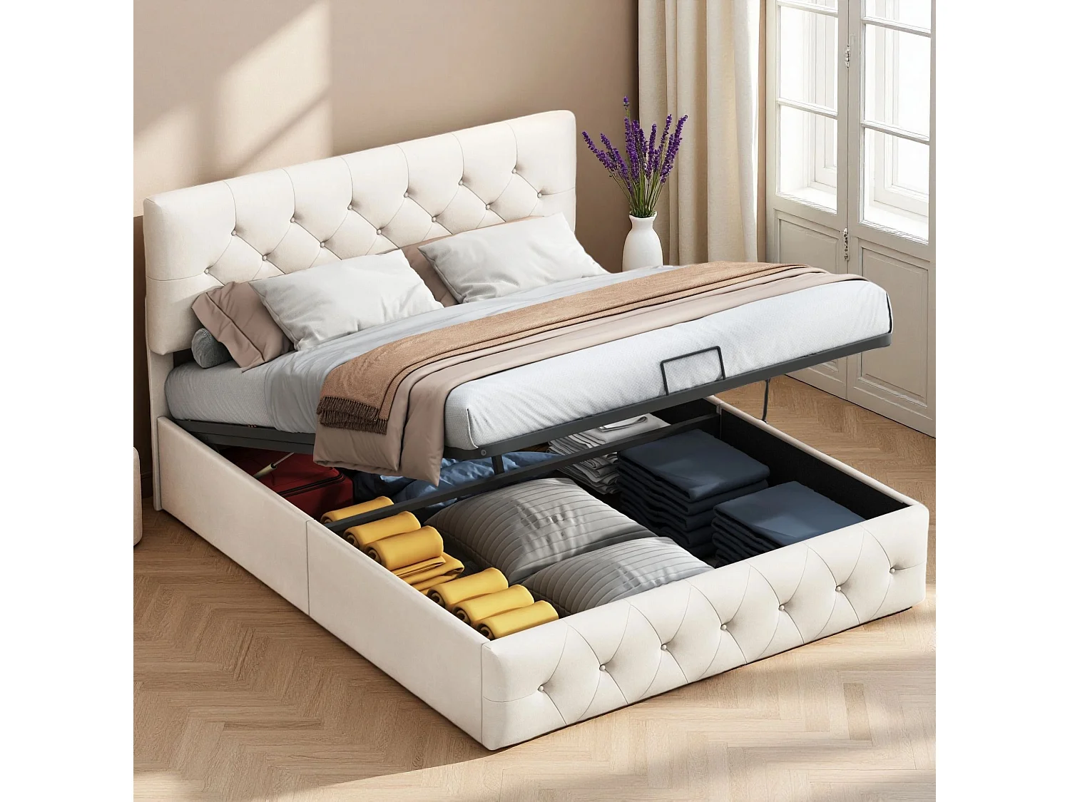 Lit coffre 140x200 cm avec sommier à lattes et LED, lit adulte en velours beige