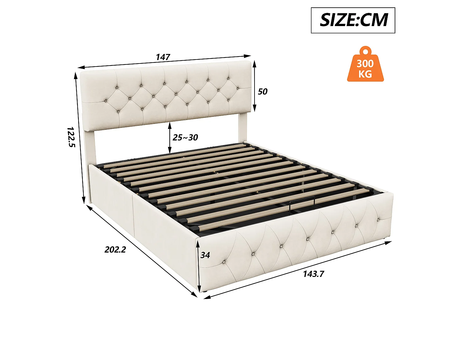 Lit coffre 140x200 cm avec sommier à lattes et LED, lit adulte en velours beige