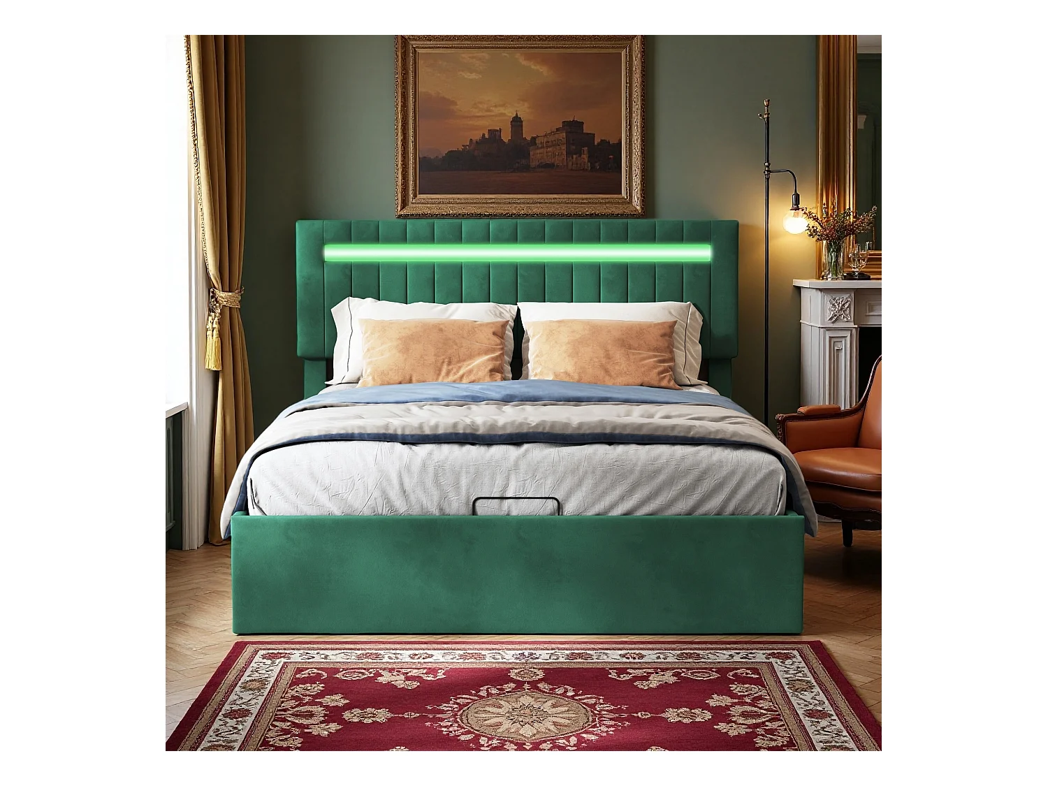 Lit 140x200 cm - NEXU - LED - lit 140x200 cm tissu en Velours - cadre de lit coffre 140x200 cm - vert