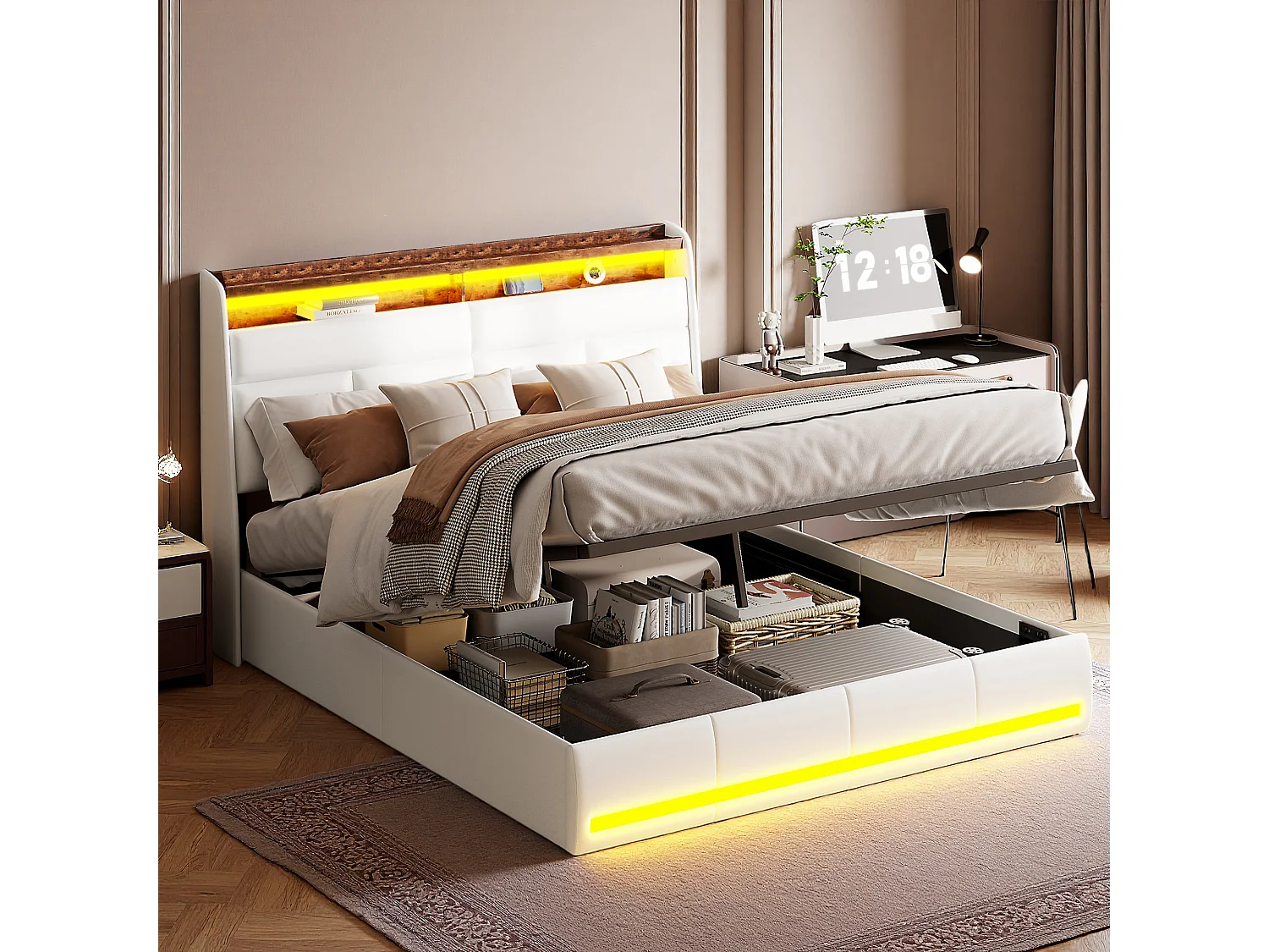 Lit 160x200 cm - NEXU - lit coffre 160x200 cm avec LED - lit adulte 160x200 cm avec sommier à lattes - tissu en PU - blanc