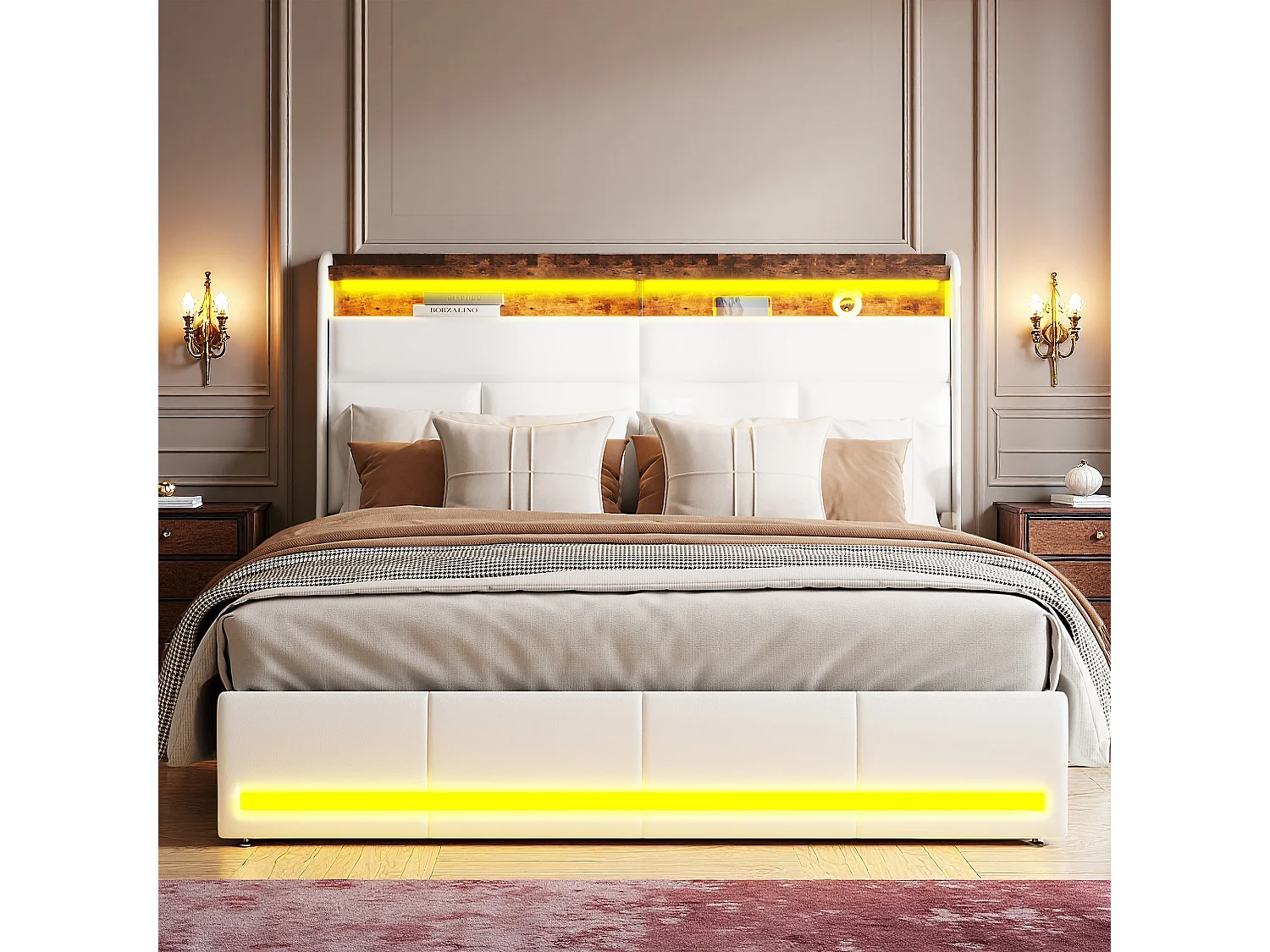 Lit 160x200 cm - NEXU - lit coffre 160x200 cm avec LED - lit adulte 160x200 cm avec sommier à lattes - tissu en PU - blanc