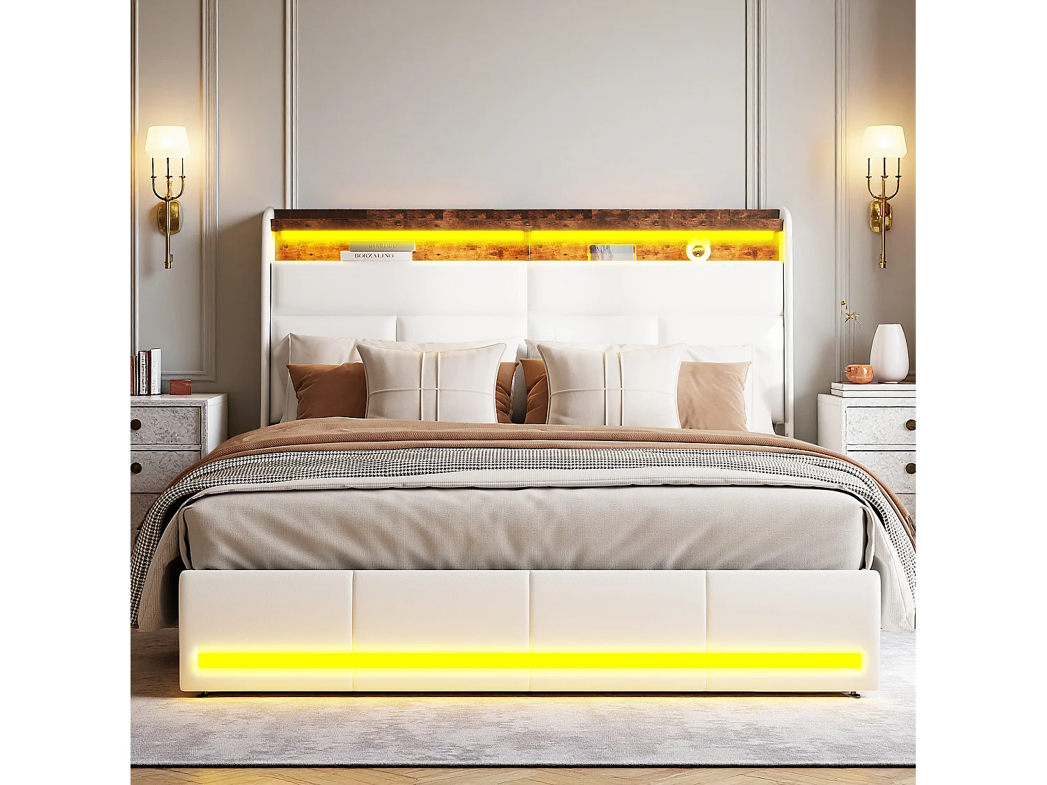 Lit 160x200 cm - NEXU - lit coffre 160x200 cm avec LED - lit adulte 160x200 cm avec sommier à lattes - tissu en PU - blanc