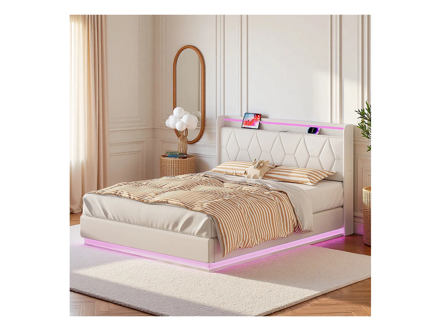 Lit adulte 160x200 cm avec sommier à lattes - NEXU - LED - USB - lit double 160x200 cm tissu en Velours -cadre de lit coffre 160x200 cm - blanc