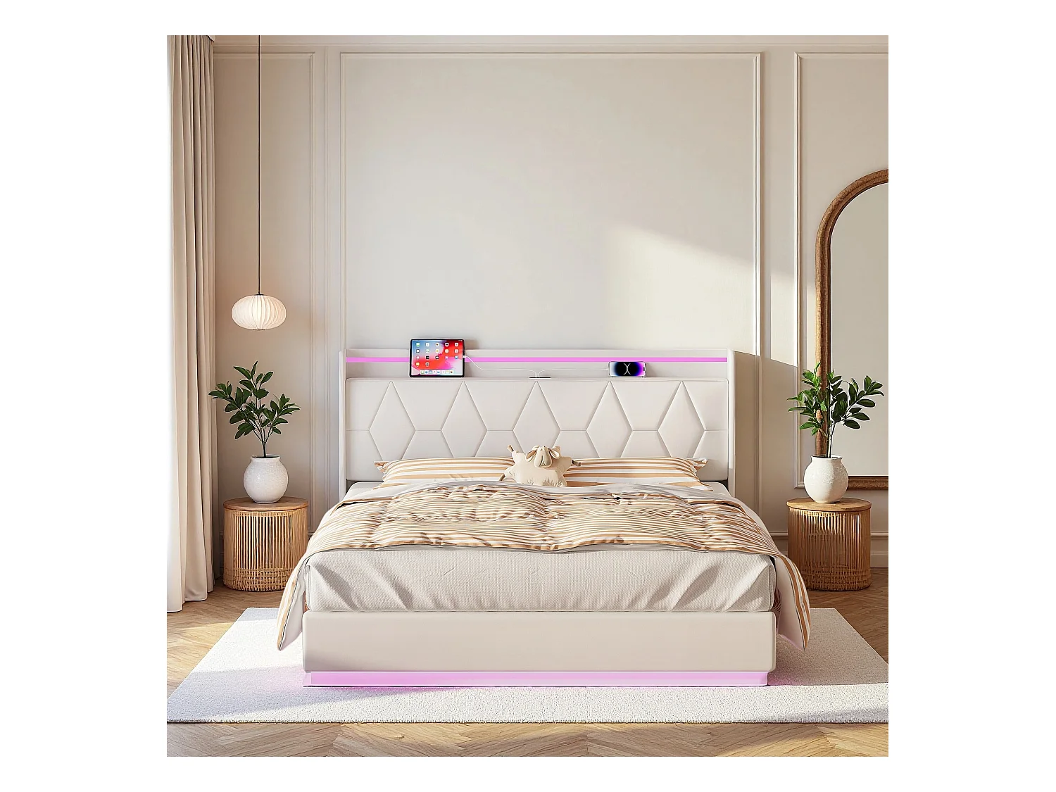 Lit adulte 160x200 cm avec sommier à lattes - NEXU - LED - USB - lit double 160x200 cm tissu en Velours -cadre de lit coffre 160x200 cm - blanc
