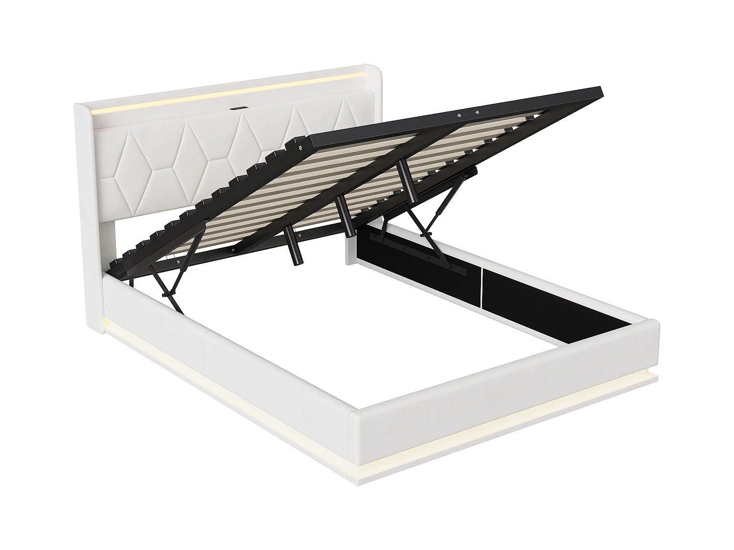 Lit adulte 160x200 cm avec sommier à lattes - NEXU - LED - USB - lit double 160x200 cm tissu en Velours -cadre de lit coffre 160x200 cm - blanc