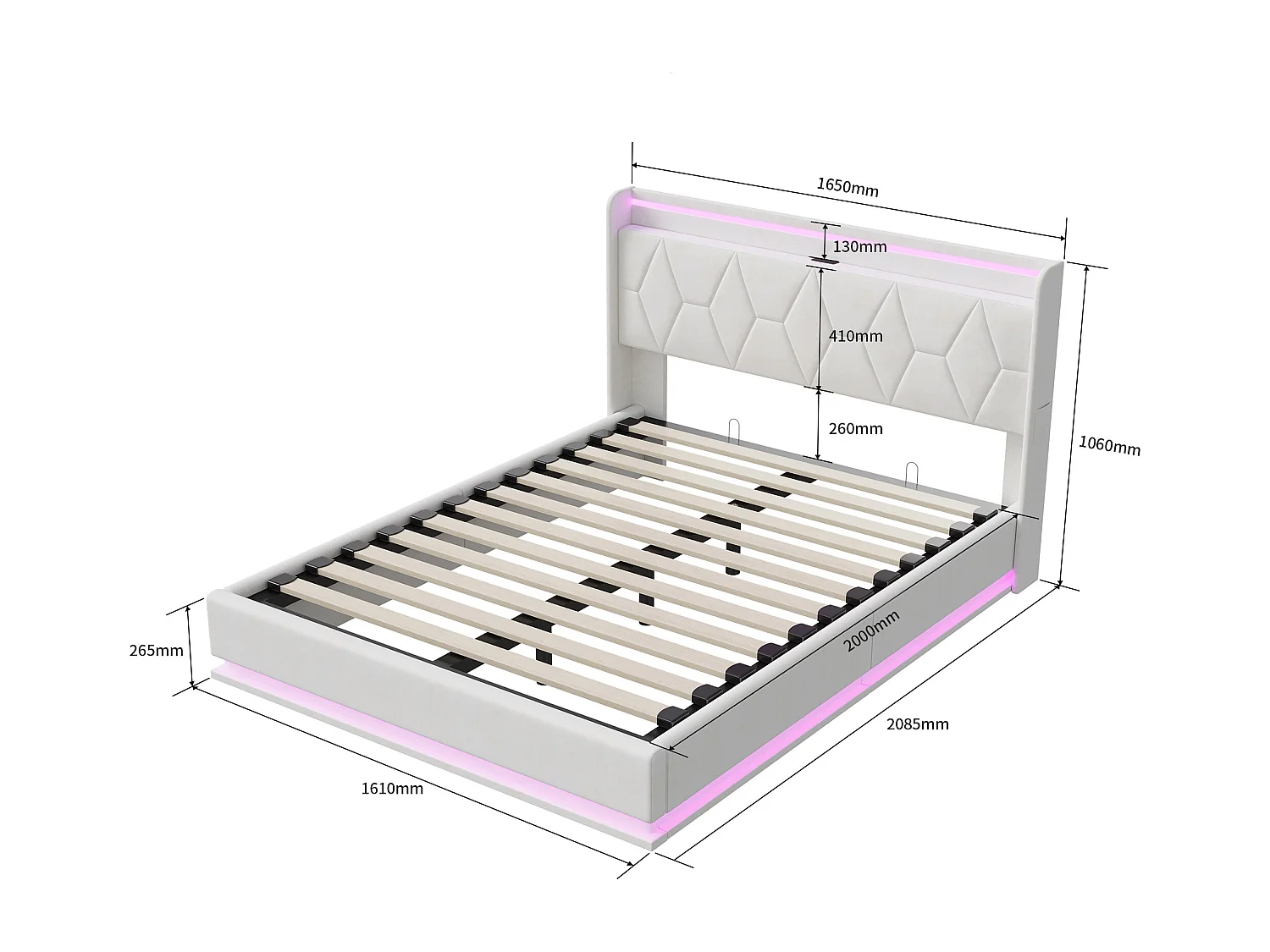 Lit adulte 160x200 cm avec sommier à lattes - NEXU - LED - USB - lit double 160x200 cm tissu en Velours -cadre de lit coffre 160x200 cm - blanc