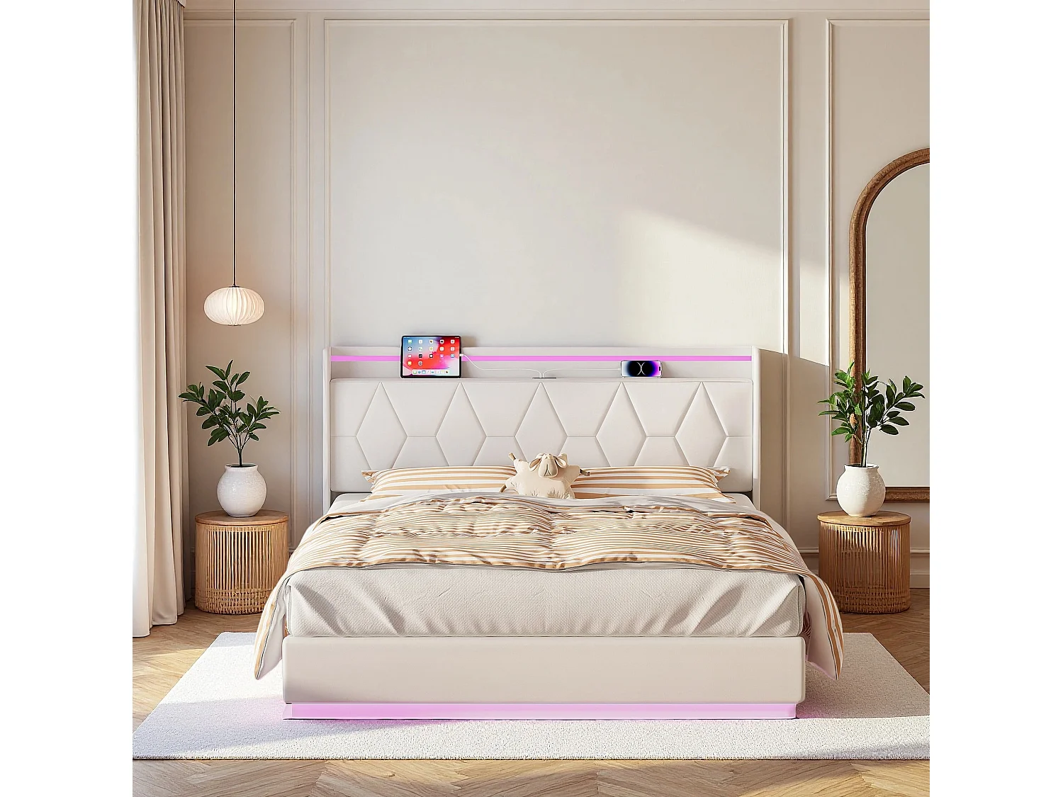 Lit adulte 160x200 cm avec sommier à lattes - NEXU - LED - USB - lit double 160x200 cm tissu en Velours -cadre de lit coffre 160x200 cm - blanc