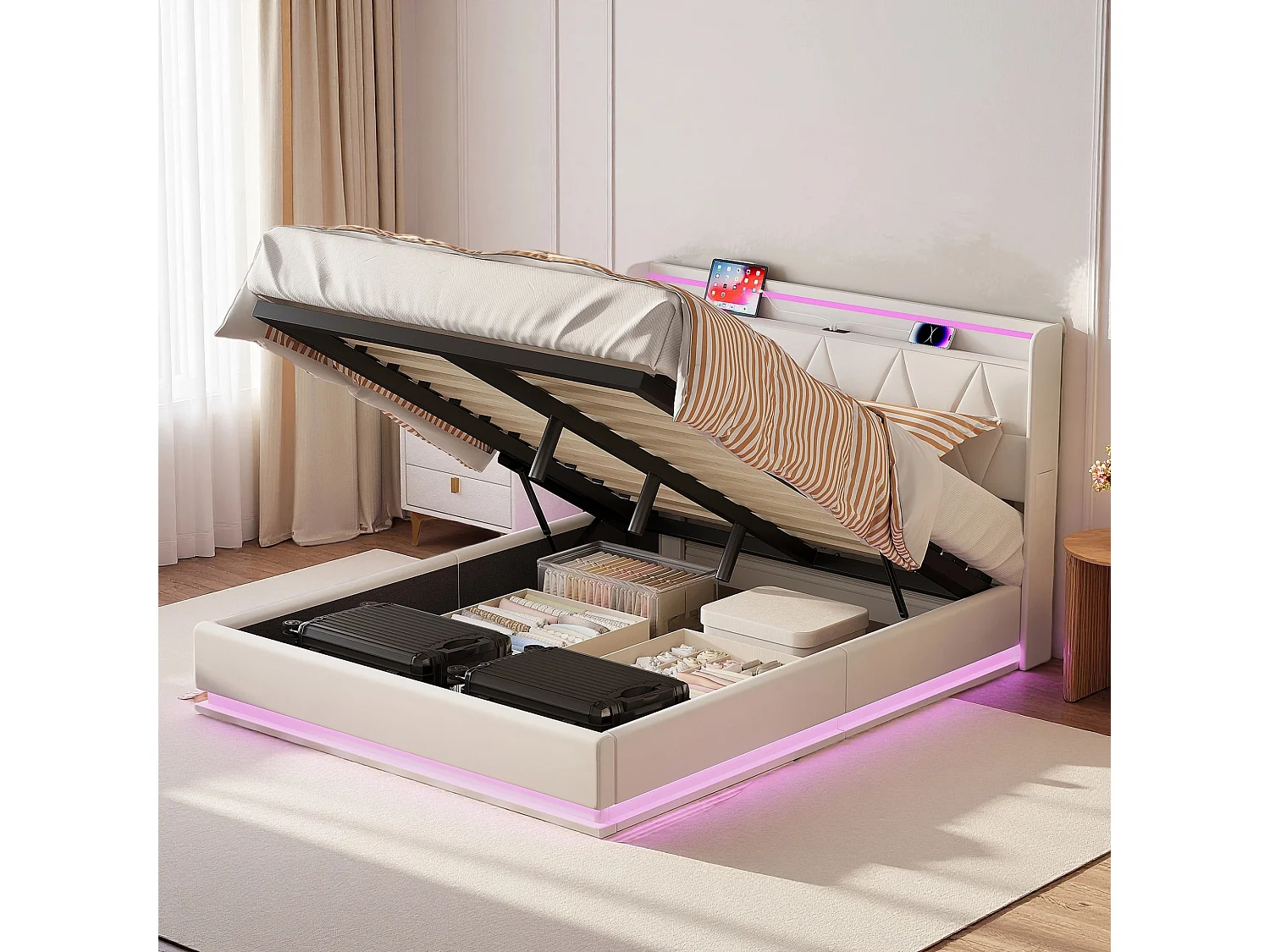 Lit coffre 160x200 cm - NEXU - avec sommier à lattes, LED et ports USB - lit double avec tête de lit rembourrée - tissu en velours - Blanc